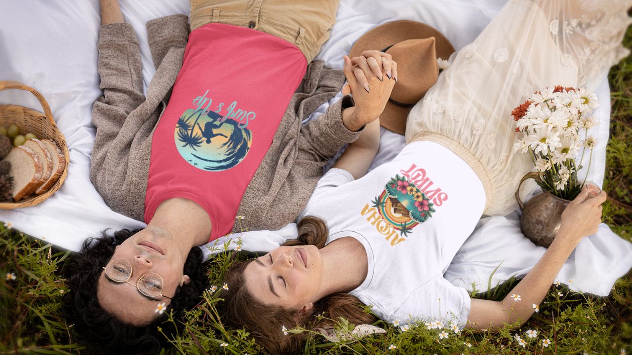 couple wearing hawaiian t shirts